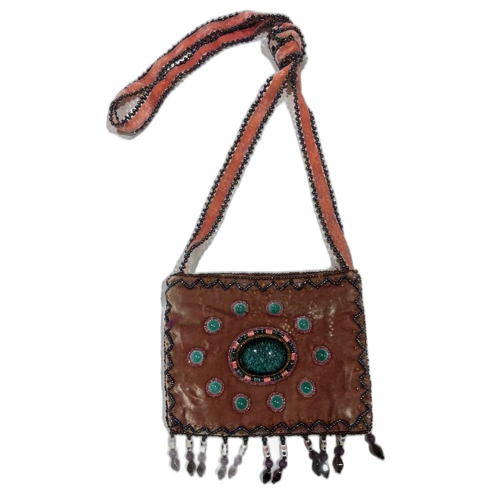 Handmade Velvet Zippered Cross Body Bag Intricate Beadwork Bohemian